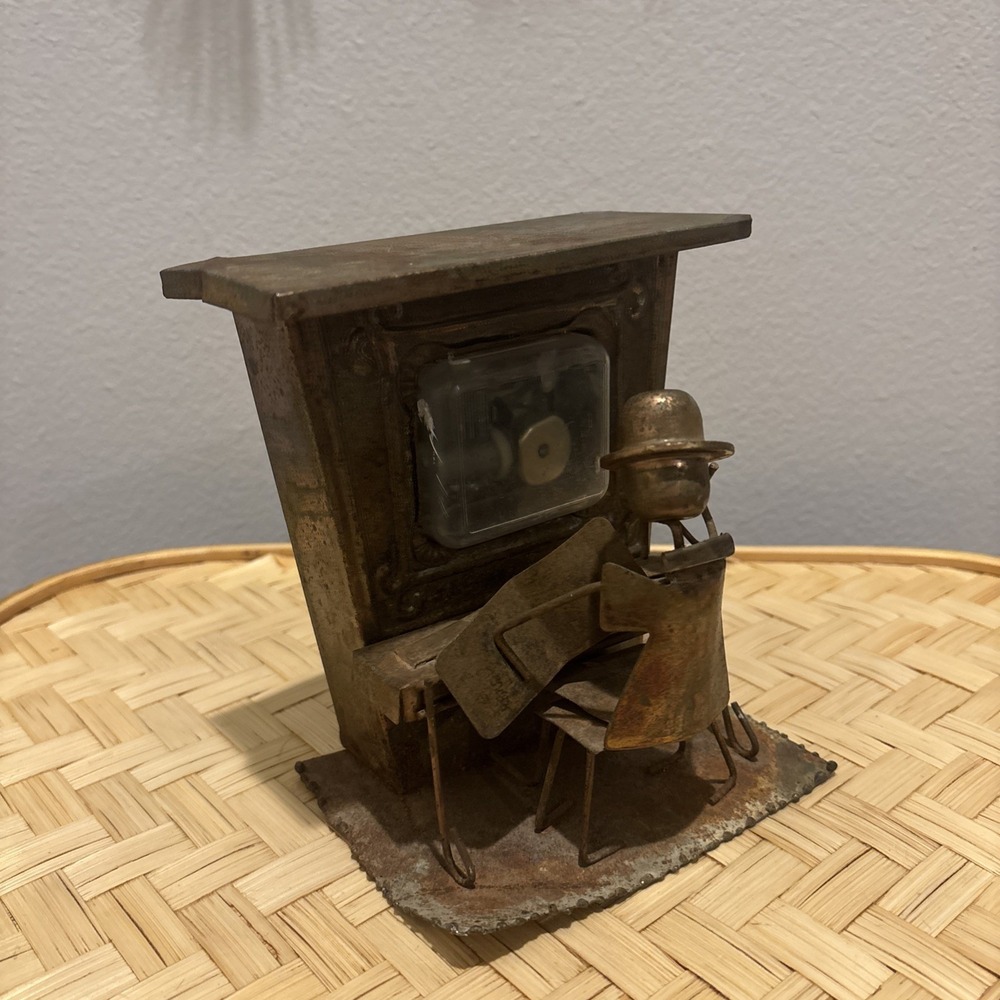 Vintage Copper Patina Wind-Up Piano Man Music Box Saloon Metal Sculpture Works